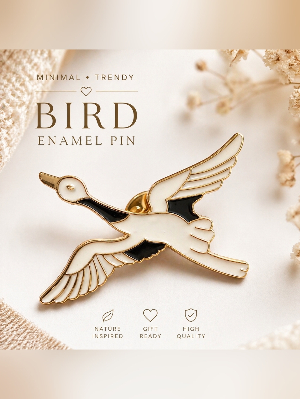 Flying Bird Enamel Pin Crane‎ Stork Brooch Minimalist Animal Aesthetic Accessory